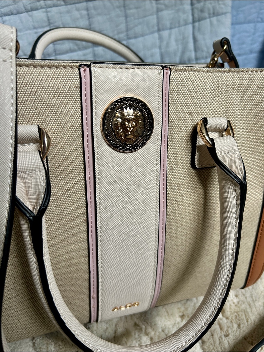 Aldo Beige Canvas & White Trim Satchel with Brown and Pink Accents - Picture 3 of 5